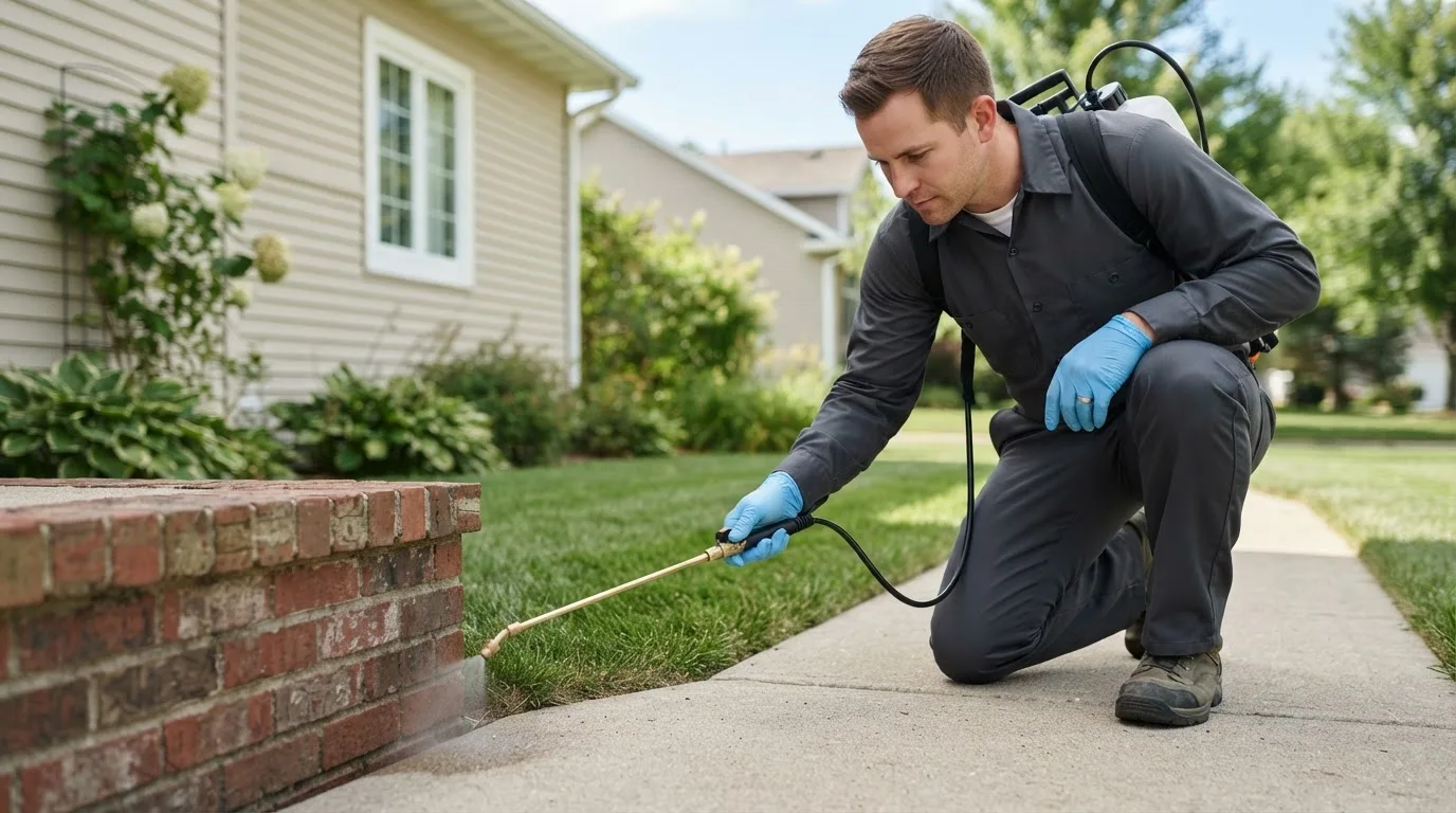 Pest control technician treating a home near Hanscom Afb, MA
