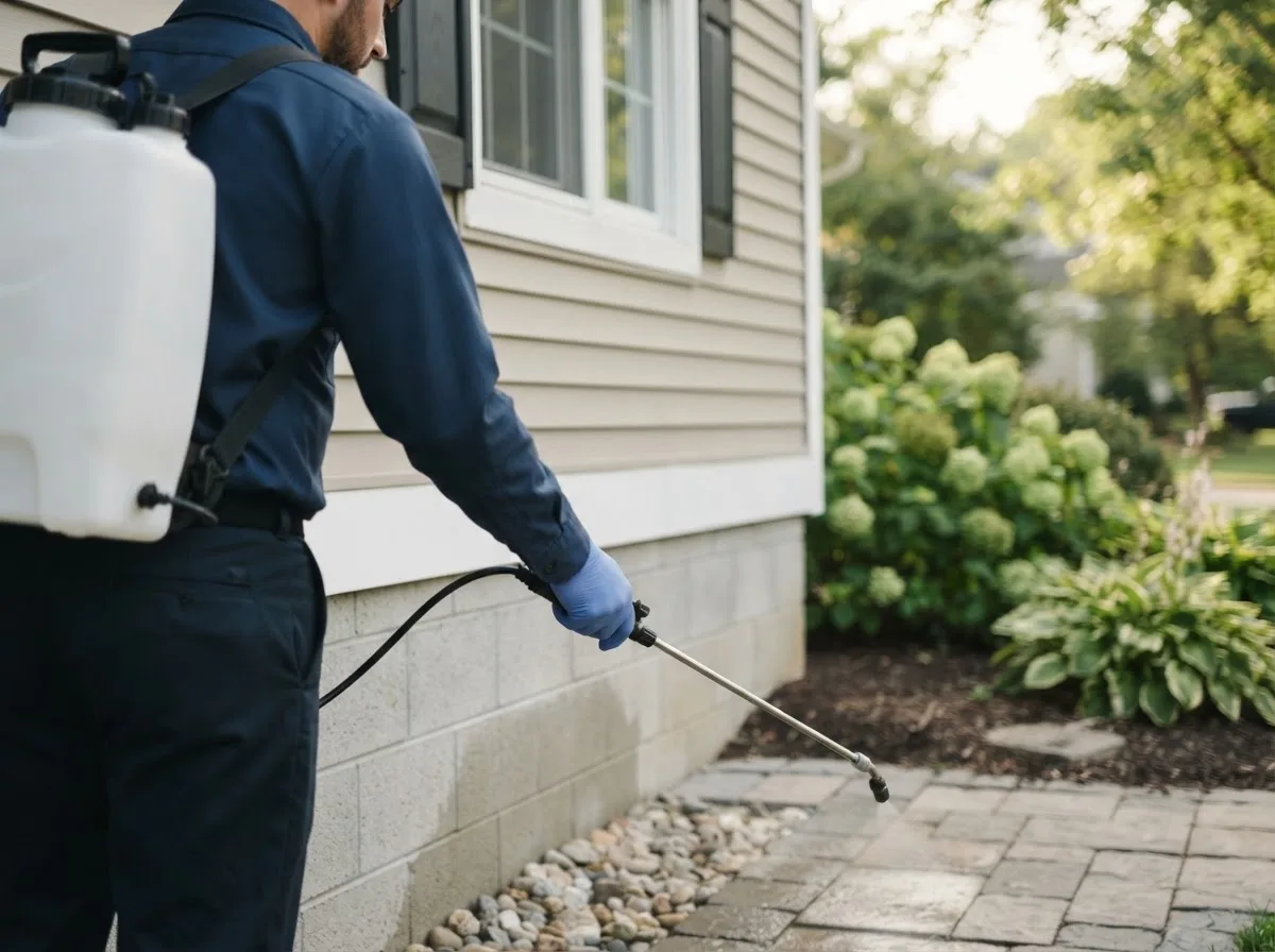 Pest control technician inspecting a home in Hanscom Afb, MA